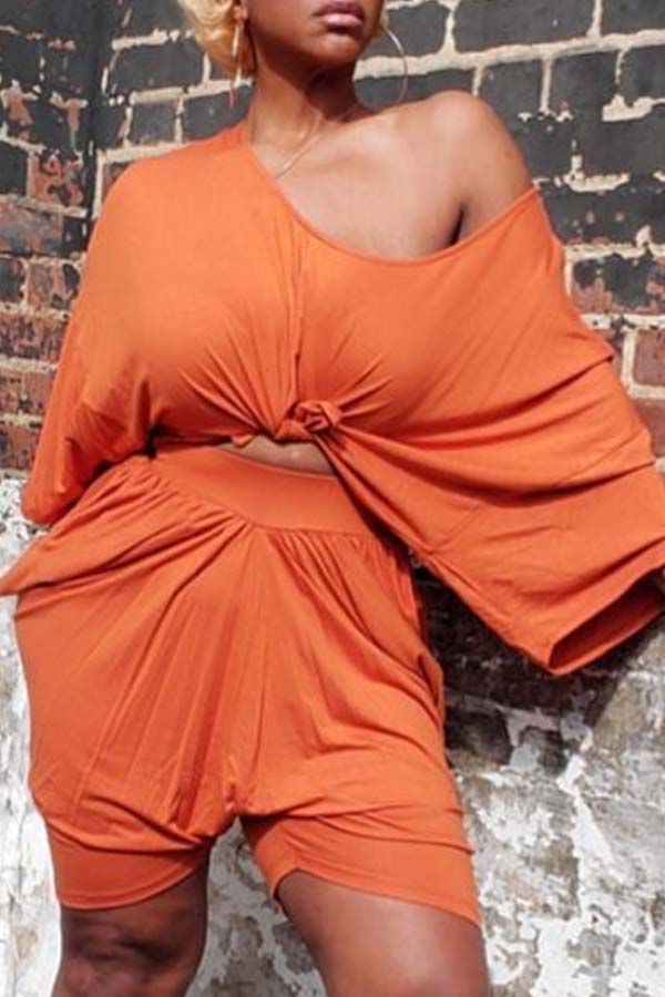 

Lovely Casual Fold Design Orange Plus Size Two-piece Shorts Set