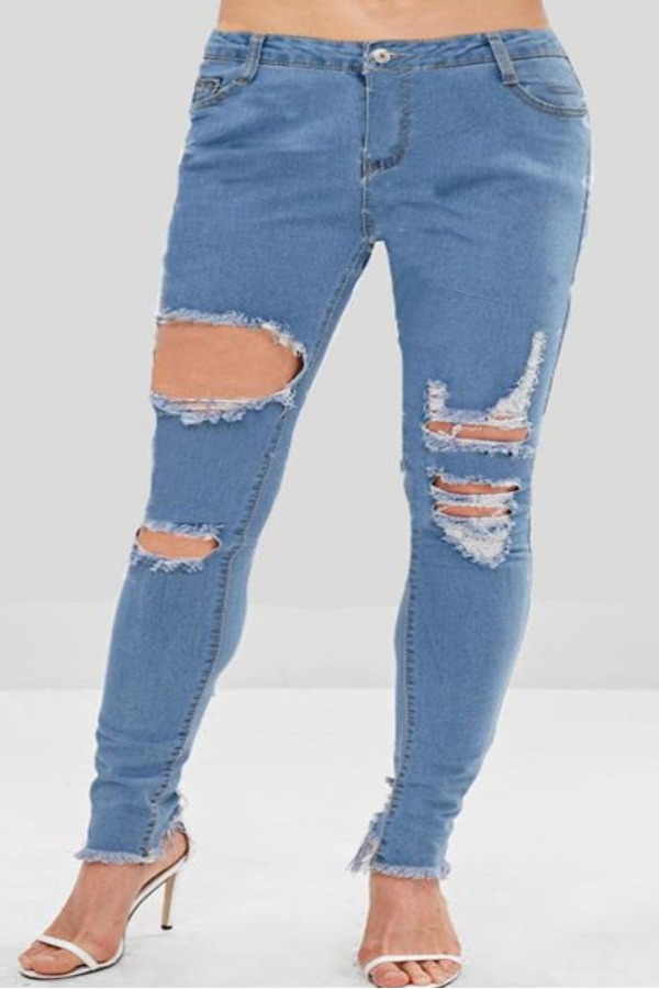 

Lovely Trendy Hollow-out Baby Blue Plus Size Jeans