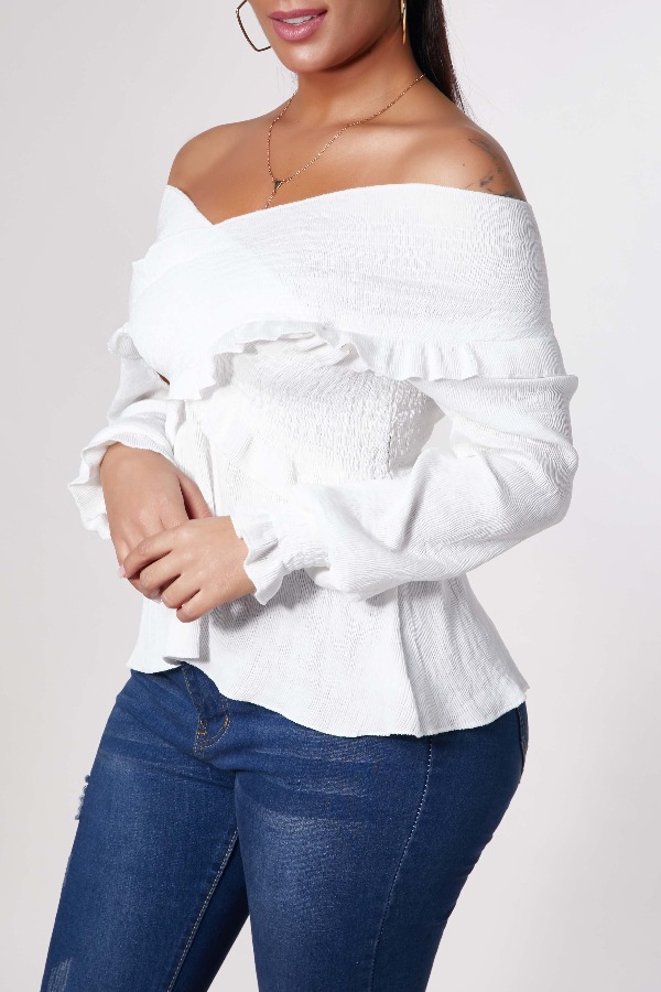 

Lovely Trendy Dew Shoulder Patchwork White Blouse