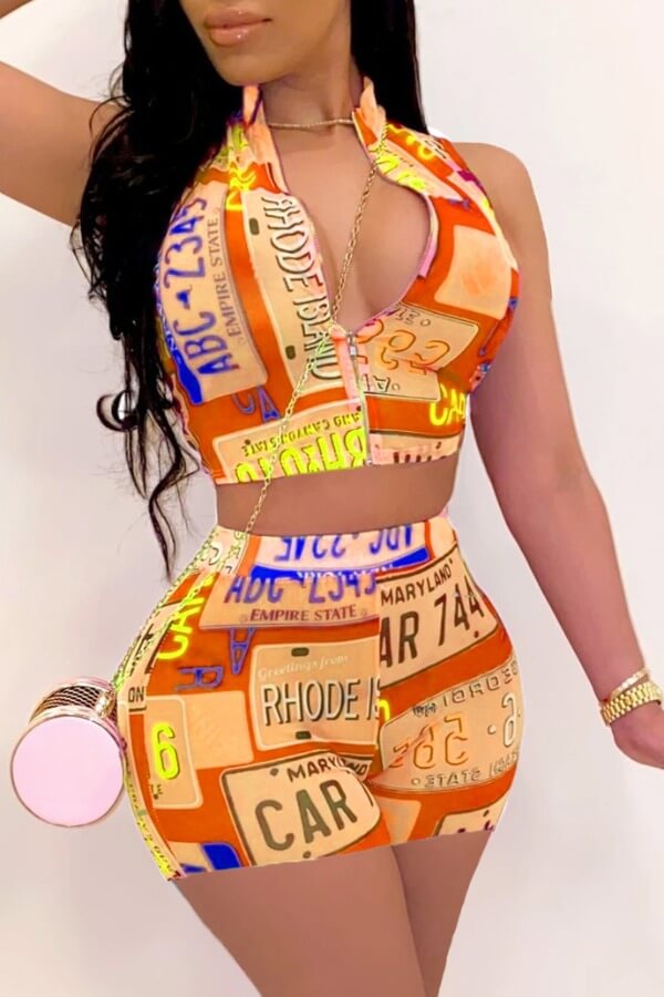 

Lovely Sexy Letter Print Orange Two-piece Shorts Set