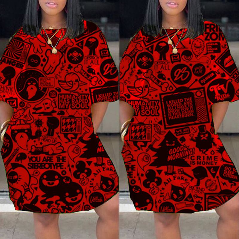 

Lovely Trendy Cartoon Print Red Knee Length Dress