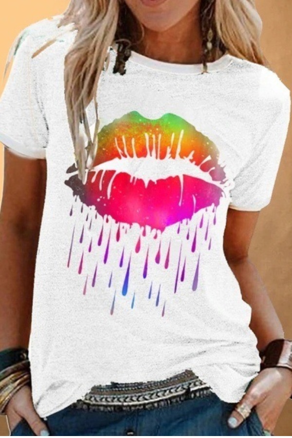 

Lovely Casual Lip Print White Plus Size T-shirt