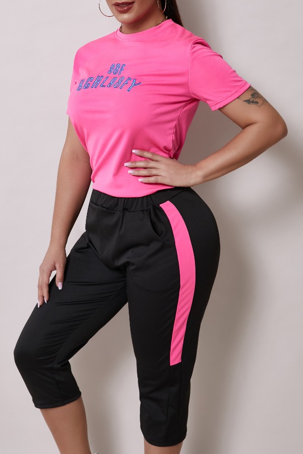 

Lovely Leisure Letter Print Rose Red Two-piece Pants Set