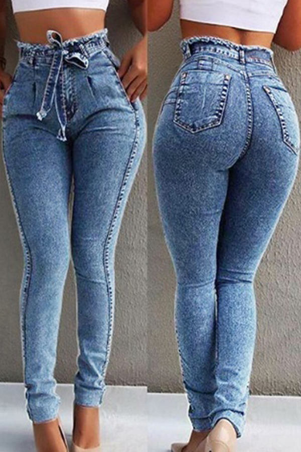 

Lovely Stylish Lace-up Baby Blue Plus Size Jeans