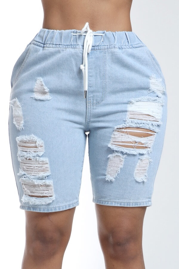 

Lovely Casual Broken Holes Baby Blue Shorts