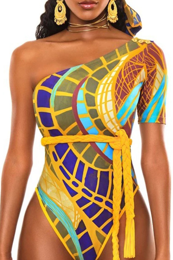 

Lovely One Shoulder Print Multicolor One-piece Swimsuit, Multi