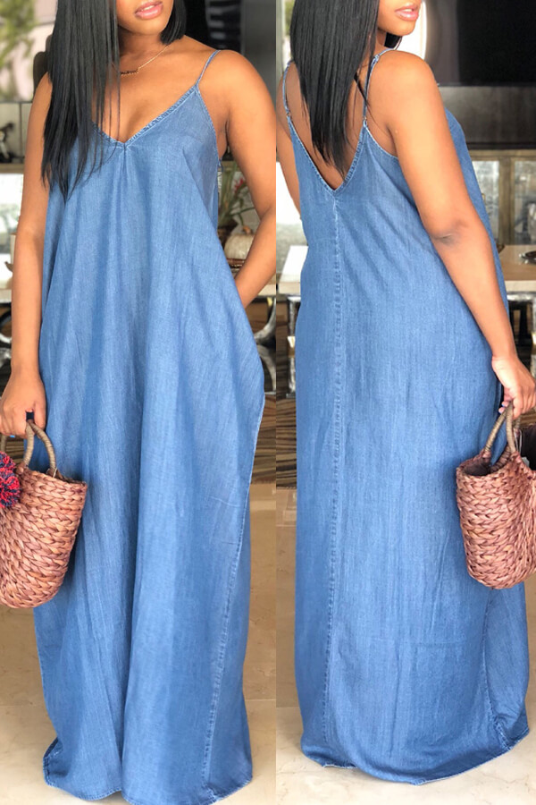 LovelyWholesale Plus Size Casual V Neck Loose Blue Dress Summer Sleeveless Casual Basic Spaghetti Strap Spring Summer 2024