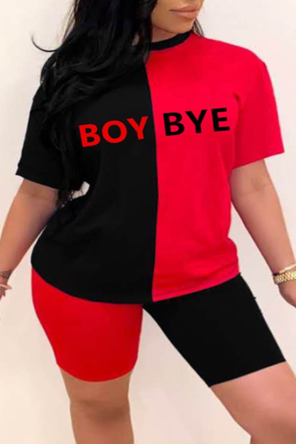 

Lovely Leisure Letter Patchwork Red Plus Size Two-piece Shorts Set