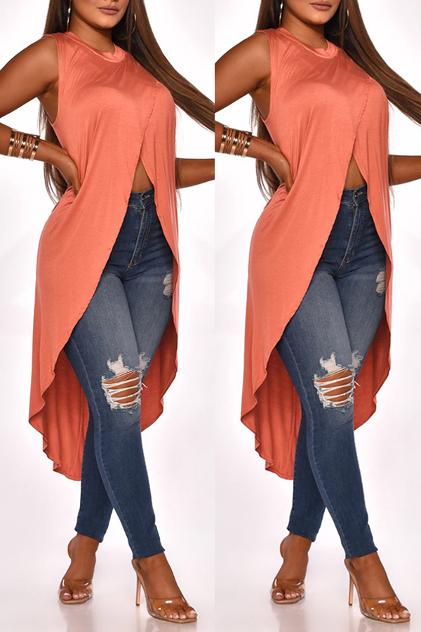 

Lovely Casual O Neck Asymmetrical Orange Red Blouse