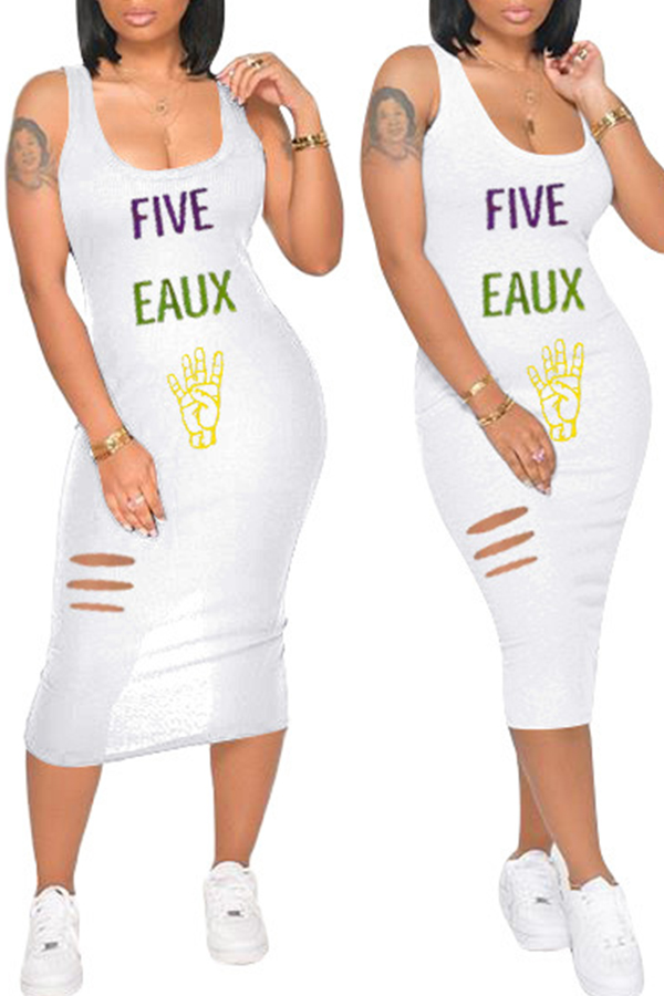 

Lovely Leisure U Neck Letter White Mid Calf Dress