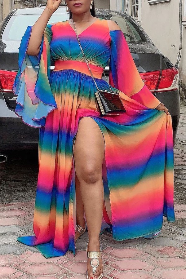 

Lovely Bohemian Rainbow Striped Multicolor Maxi Dress, Multi