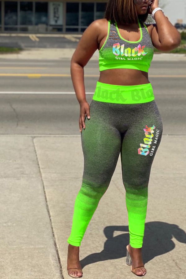 

Lovely Sportswear Print Green Two-piece Pants Set