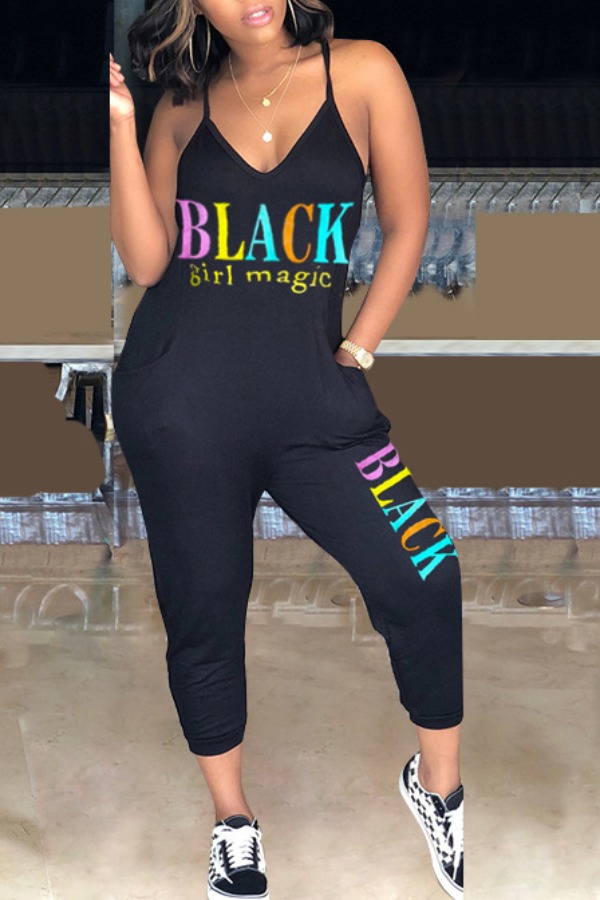 

Lovely Trendy Letter Print Black One-piece Jumpsuit