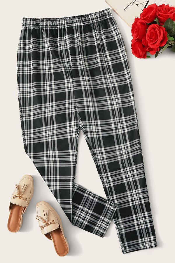 

Lovely Casual Grid Black And White Grey Plus Size Pants
