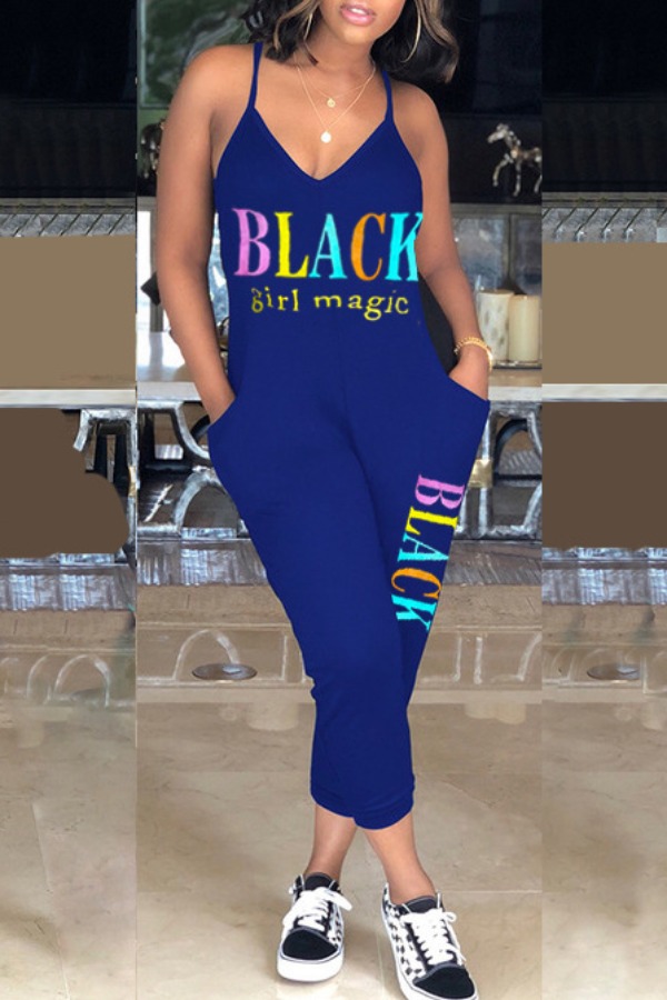 

Lovely Leisure Letter Blue One-piece Jumpsuit