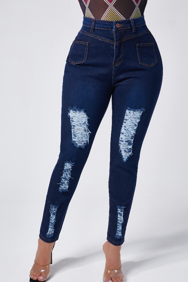 

Lovely Casual Broken Holes Deep Blue Jeans