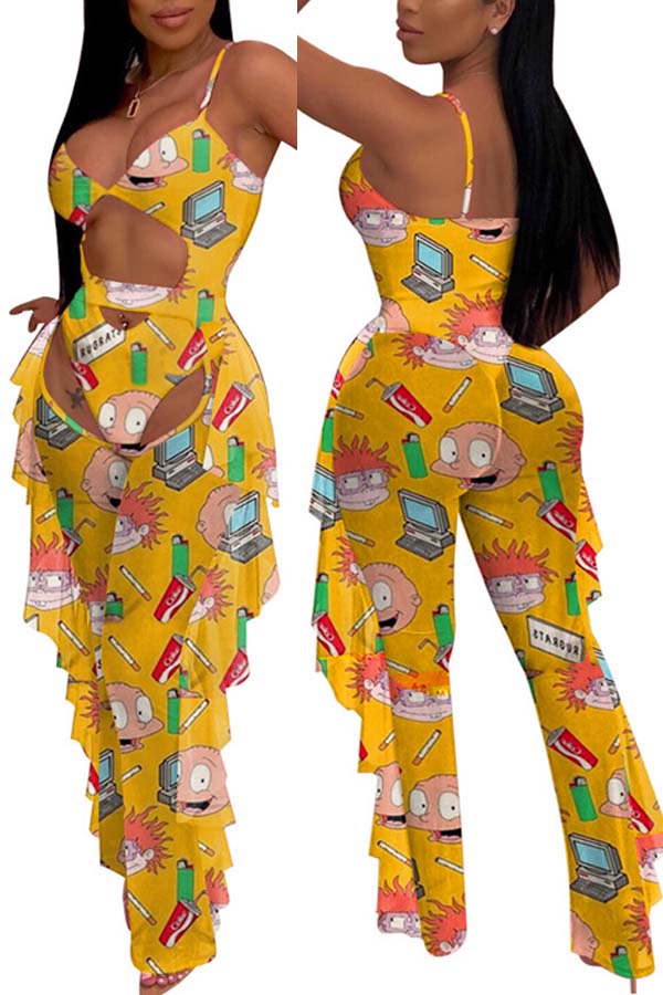 

Lovely Cartoon Print Yellow One-piece Swimsuit(With Pants