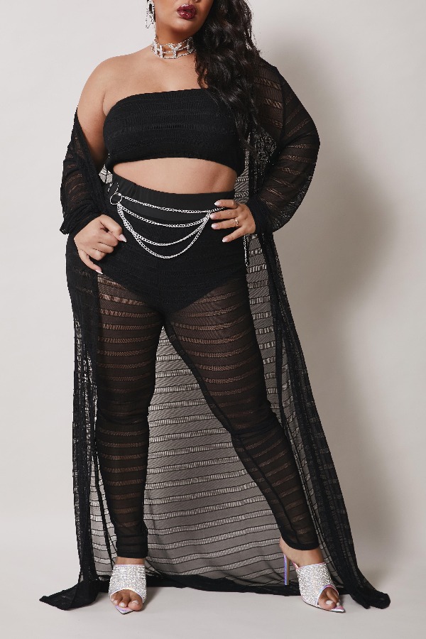 

Lovely Sexy See-Through Black Plus Size Three-piece Pants Set