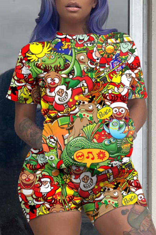 

Lovely Leisure Cartoon Print Red Plus Size Two-piece Shorts Set
