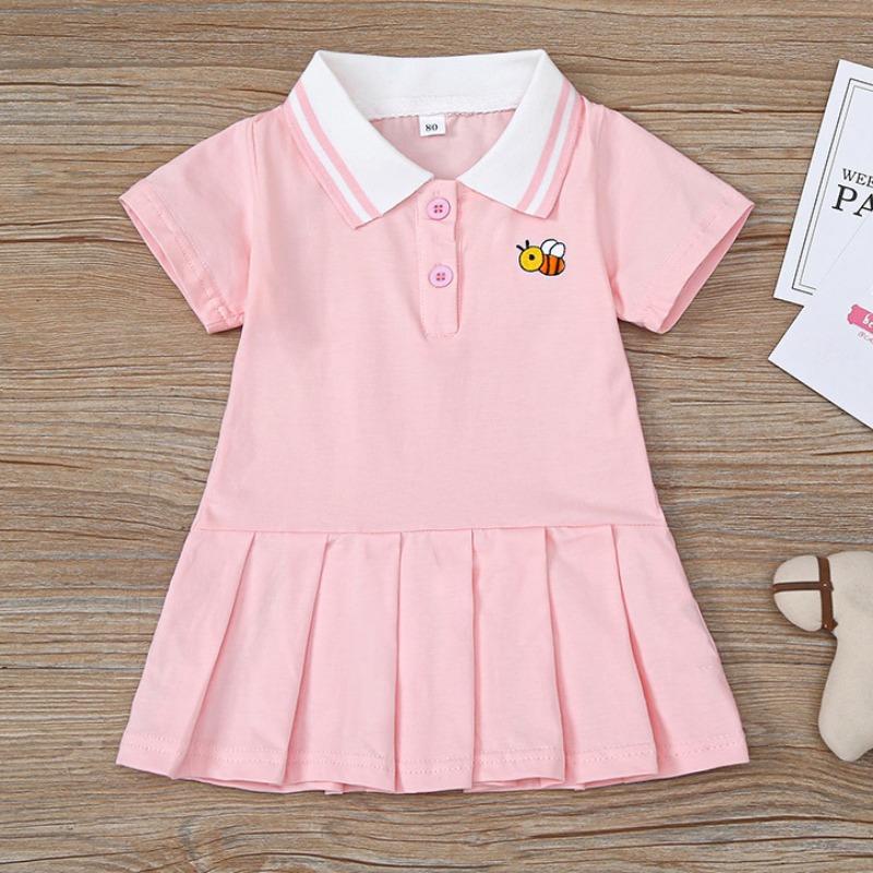 

Lovely Casual Turndown Collar Fold Design Pink Girl Mid Calf Dress