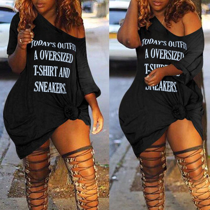 

Lovely Plus Size Casual Letter Black Mini Dress