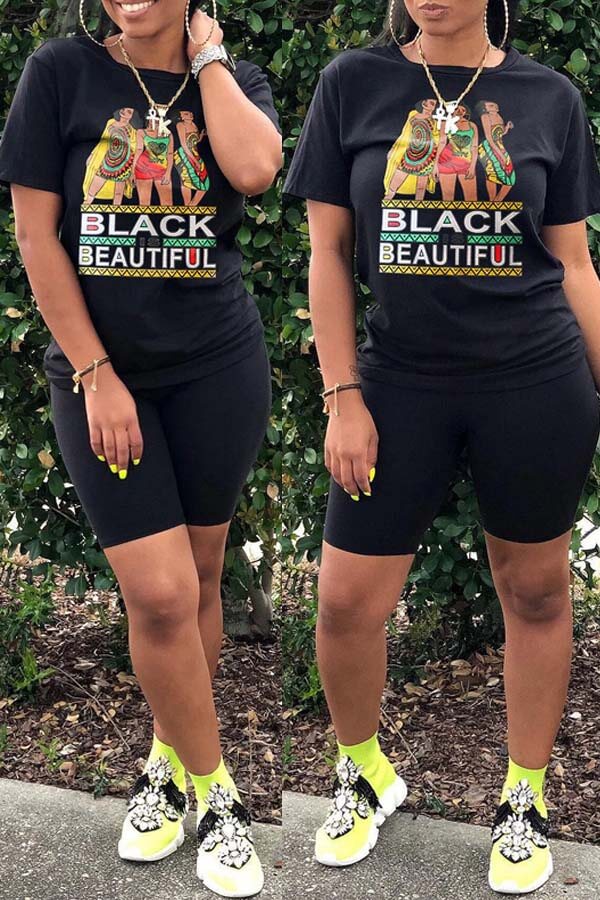 

Lovely Leisure Print Black Two-piece Shorts Set
