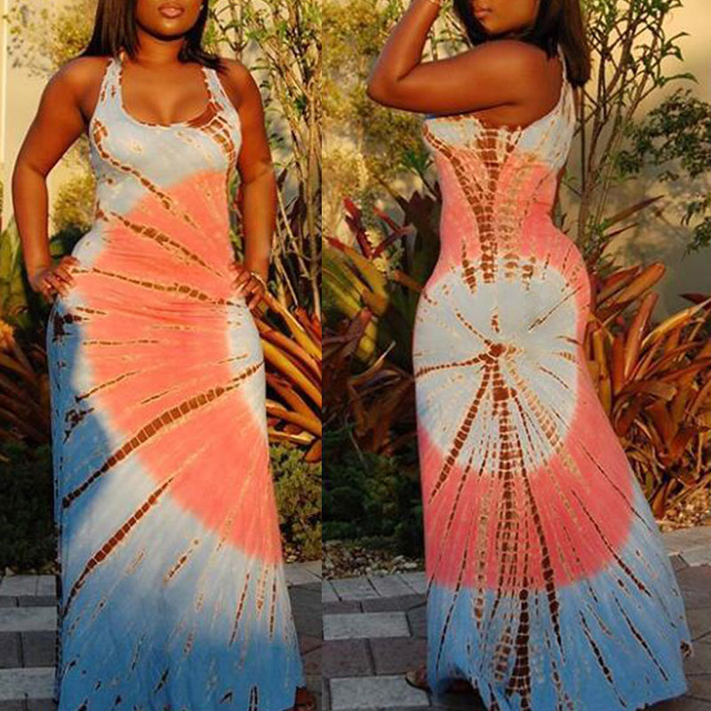 

Lovely Leisure U Neck Tie-dye Blue Maxi Dress