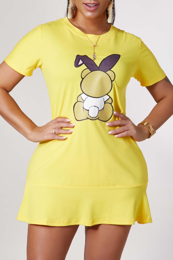 

Lovely Casual O Neck Cartoon Print Yellow Mini Dress