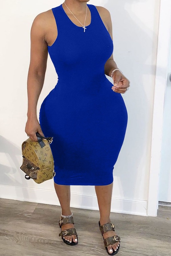 

Lovely Trendy Hollow-out Blue Mid Calf Plus Size Dress