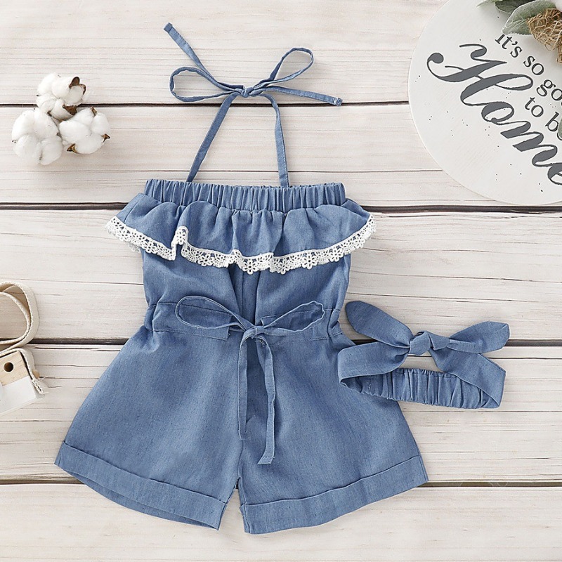 

Lovely Sweet Lace-up Blue Girl One-piece Romper