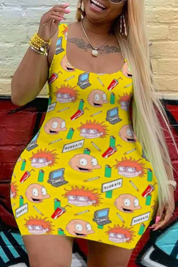 

Lovely Casual Cartoon Print Yellow Mini Plus Size Dress