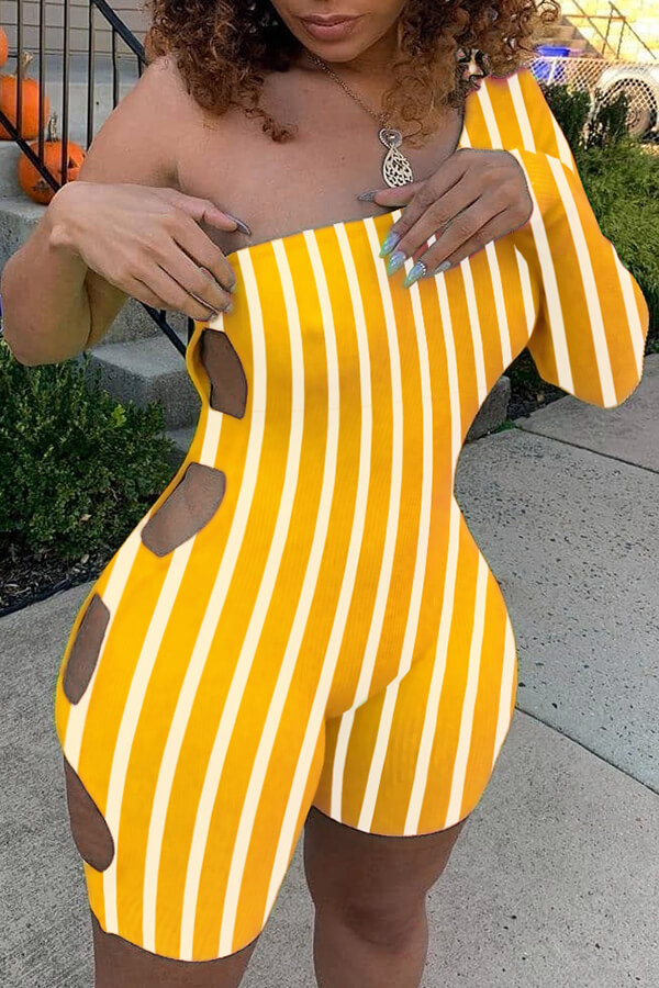 

Lovely Trendy One Shoulder Striped Yellow One-piece Romper