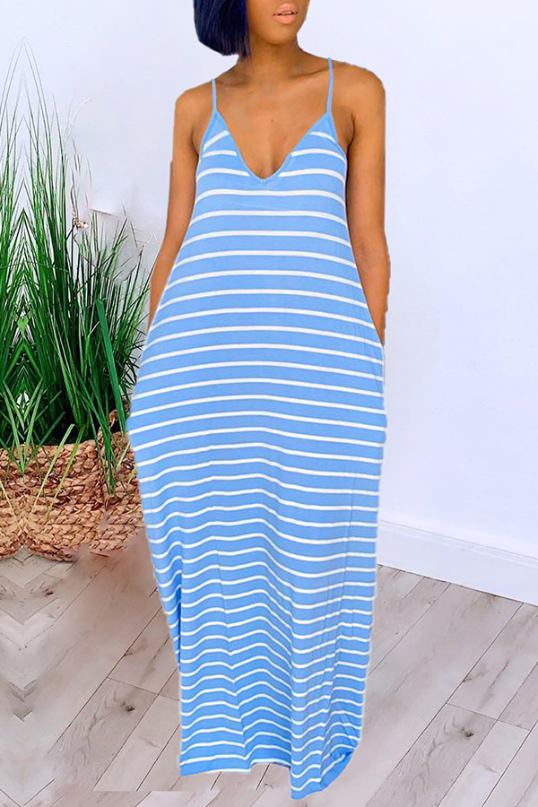 

Lovely Leisure Striped Blue Maxi Dress, Blue stripe