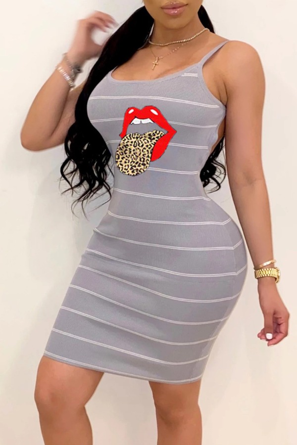 

Lovely Sexy Lip Print Grey Mini Dress