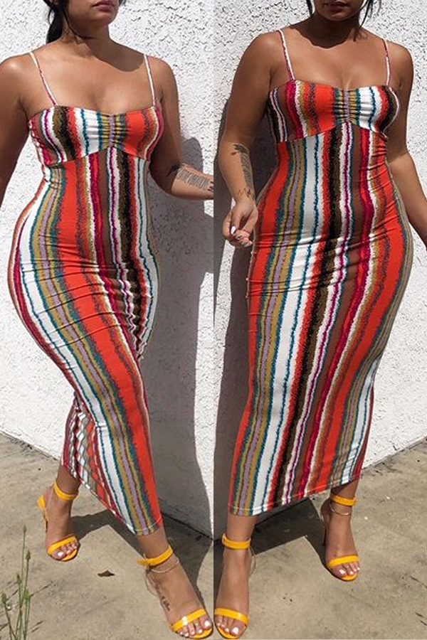 

Lovely Stylish Striped Jacinth Mid Calf Dress