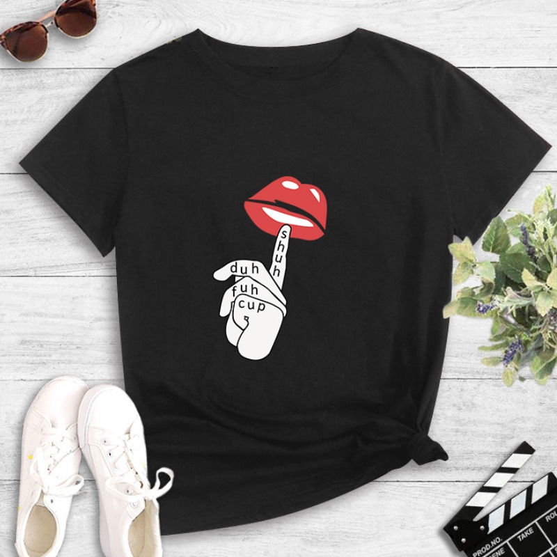 

Lovely Leisure O Neck Lip Print Black T-shirt