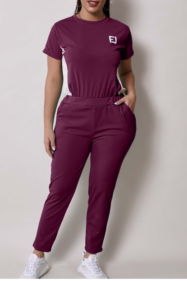 

Lovely Sportswear Patchwork Wine Red Two-piece Pants Set