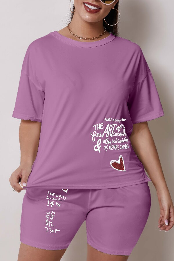 

Lovely Leisure O Neck Letter Print Purple Two-piece Shorts Set
