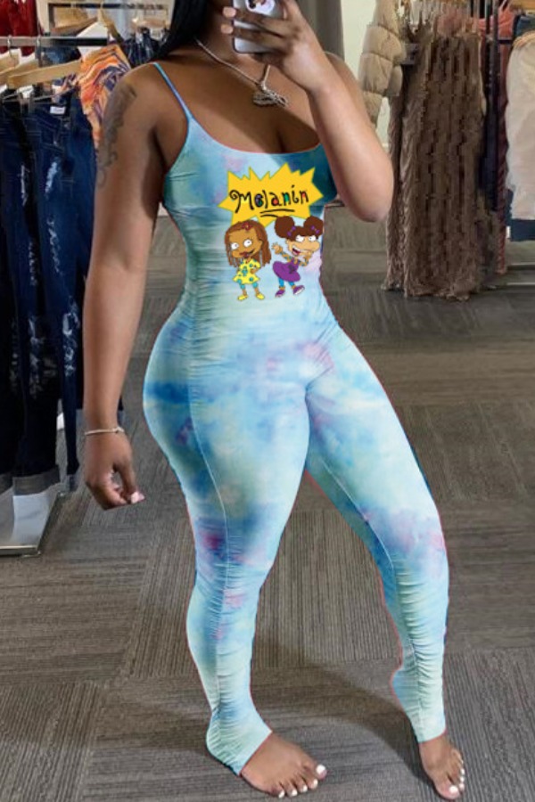 

Lovely Stylish Cartoon Print Baby Blue One-piece Jumpsuit