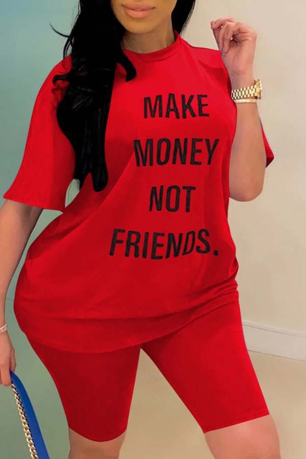 

Lovely Casual Letter Red Plus Size Two-piece Shorts Set
