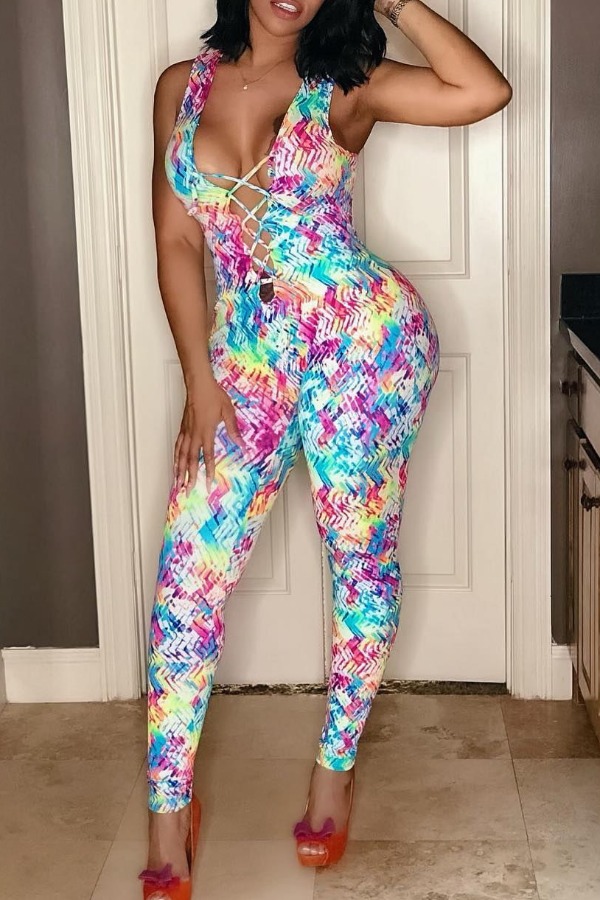 

Lovely Sexy Deep V Neck Print Multicolor One-piece Jumpsuit, Multi