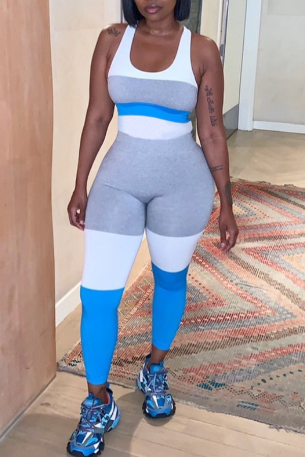 

Lovely Sportswear Color-lump Patchwork Grey One-piece Jumpsuit