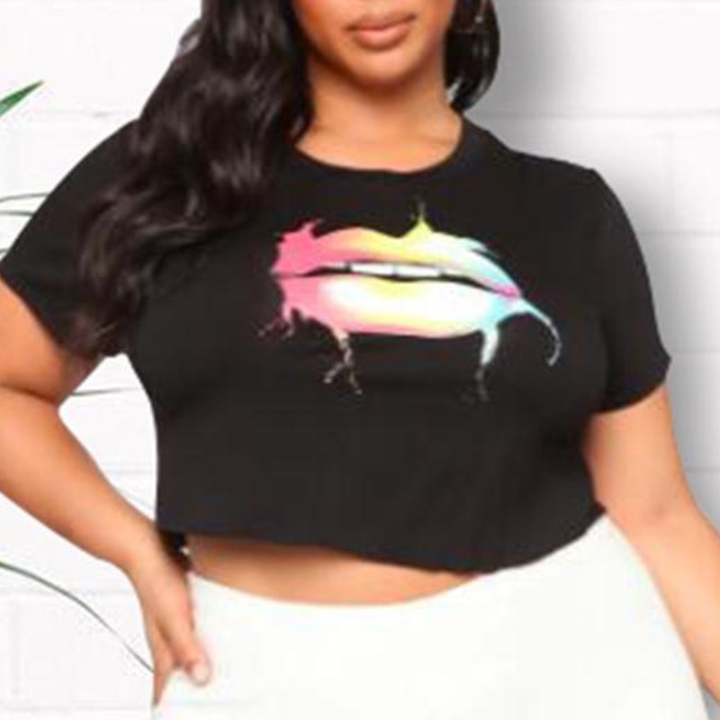 

Lovely Casual Lip Print Black Plus Size T-shirt