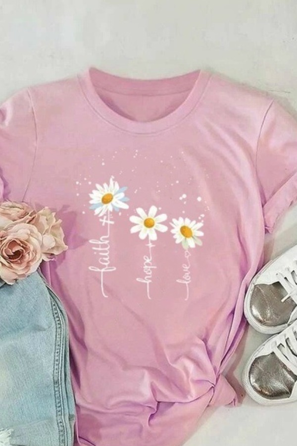 

Lovely Casual O Neck Print Pink Plus Size T-shirt