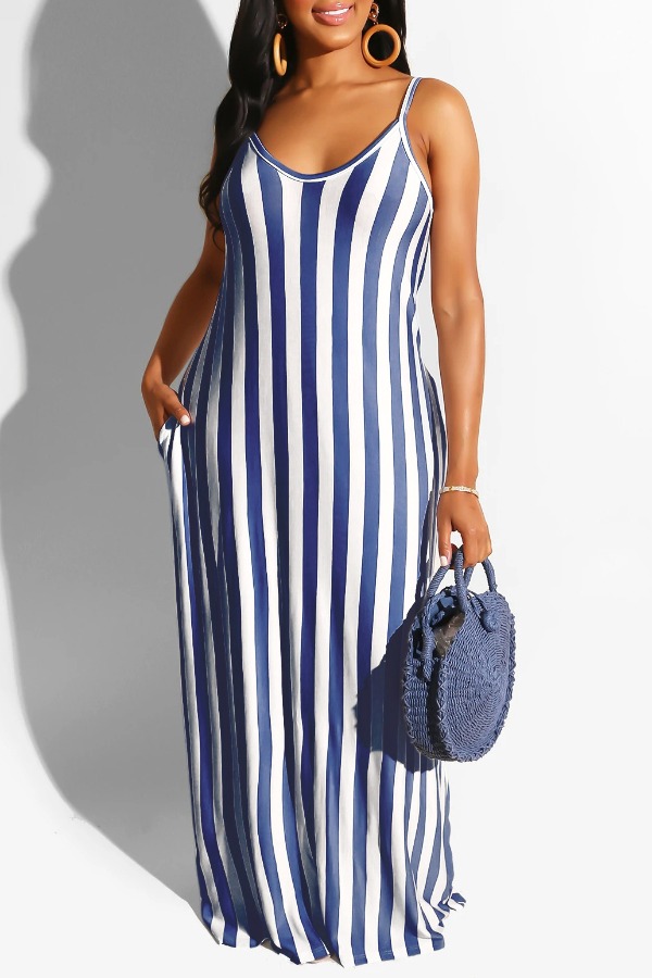 

Lovely Casual Striped Blue Maxi Dress, Blue stripe