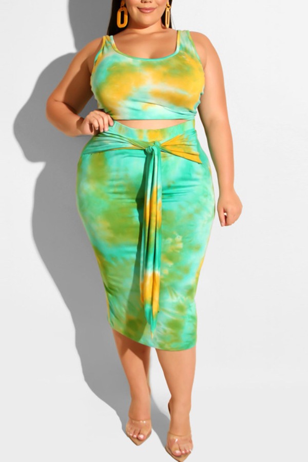 

Lovely Trendy Tie-dye Green Plus Size Two-piece Skirt Set