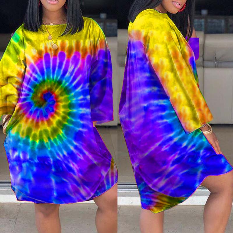 

Lovely Trendy Tie-dye Yellow Mini Plus Size Dress