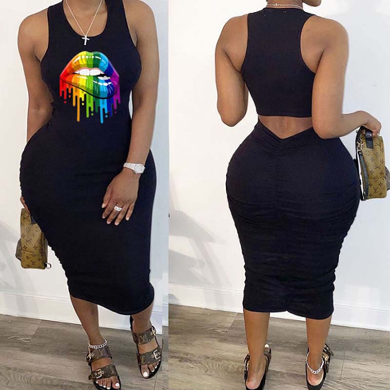 

Lovely Leisure Lip Print Black Mid Calf Plus Size Dress
