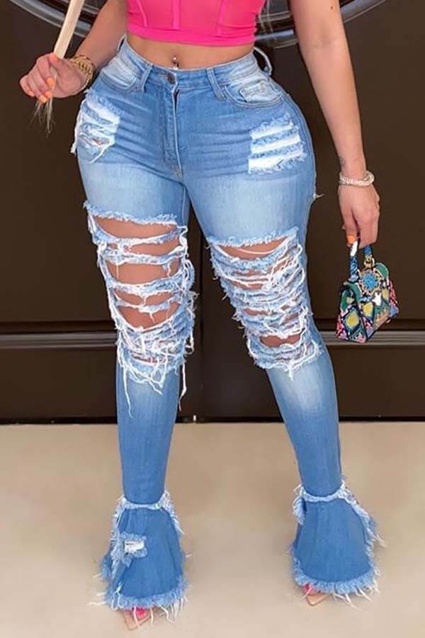 

LW High Stretchy Ripped Flared Jeans, Deep blue