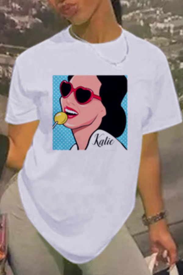 

Lovely Casual O Neck Print White T-shirt